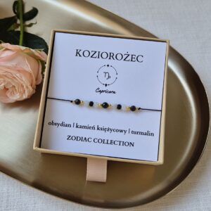 Bransoletka zodiakalna KOZIOROŻEC – obsydian, kamień księżycowy, turmalin