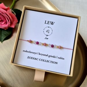 Bransoletka zodiakalna LEW – rodochrozyt, kryształ górski, rubin