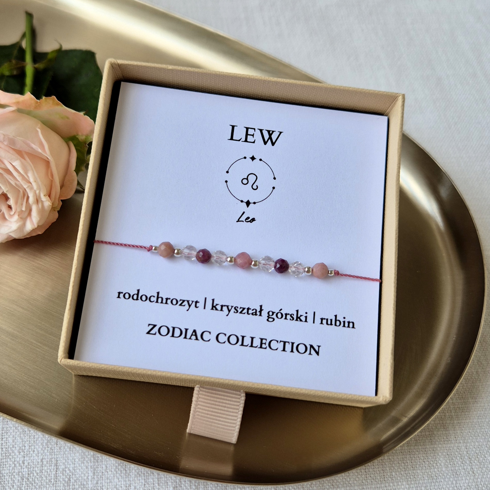 Bransoletka zodiakalna LEW – rodochrozyt, kryształ górski, rubin - obrazek 2