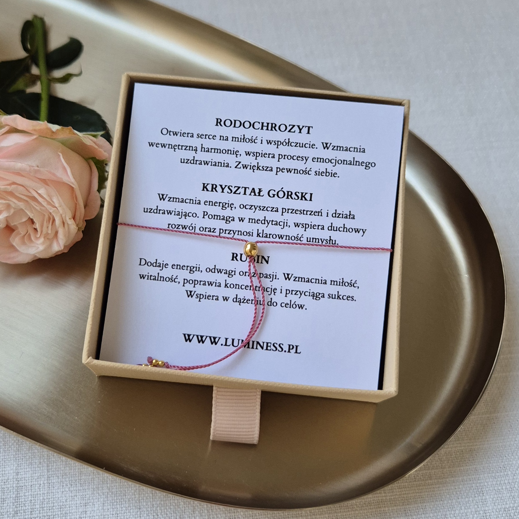 Bransoletka zodiakalna LEW – rodochrozyt, kryształ górski, rubin - obrazek 3