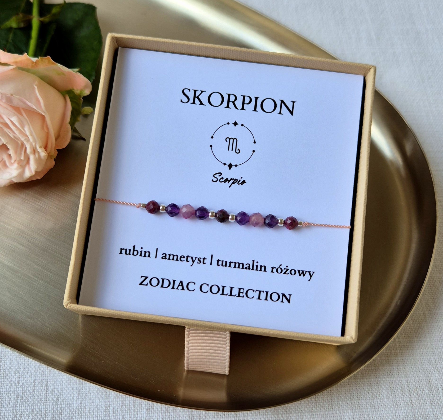 Bransoletka zodiakalna SKORPION – rubin, ametyst, turmalin różowy - obrazek 2