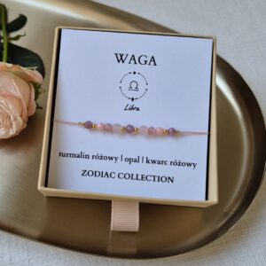 Bransoletka zodiakalna WAGA – turmalin różowy, opal, kwarc różowy