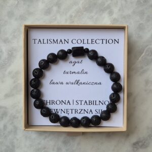 Bransoletka męska - TALIZMAN OCHRONY, STABILNOŚCI I WEWNĘTRZNEJ SIŁY z agatem, turmalinem i lawą wulkaniczną