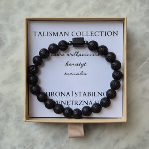 Bransoletka męska – TALIZMAN OCHRONY, STABILNOŚCI I WEWNĘTRZNEJ SIŁY z lawą wulkaniczną, hematytem i turmalinem